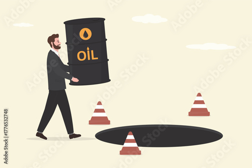 Blind investment concept, businessman carrying oil barrel walk to business trap. Credit pit hole, business trap. Possible failure on commodities market, mistake causing troubles.