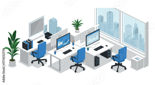 Modern office workspace with computers and city view in isometric style