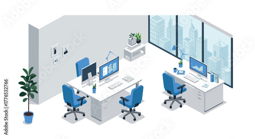 Modern isometric office interior with desks and computers in urban setting