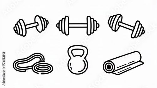 Set of fitness equipment icons including dumbbells kettlebell resistance bands and yoga mat simple vector line art for gym and workout concepts