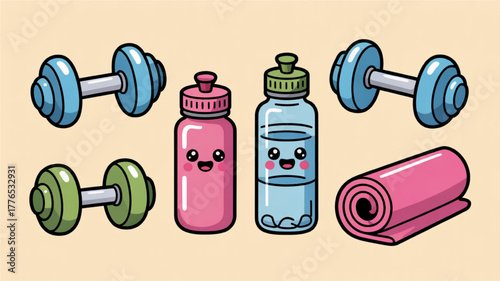 Cartoon fitness equipment vector illustration featuring dumbbells water bottles and a yoga mat perfect for gym and workout themed designs