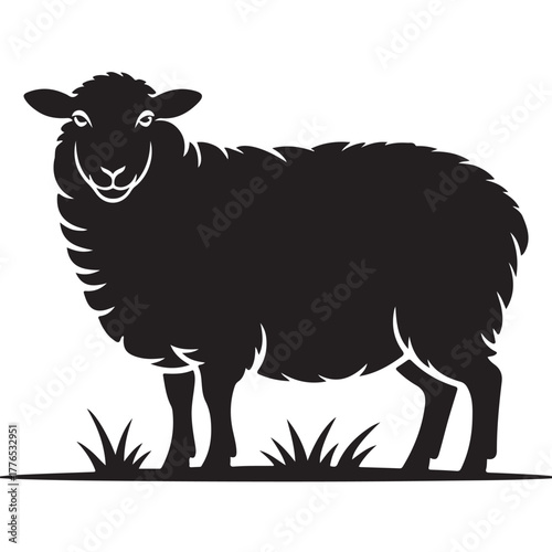 A black sheep standing in a field of grass isolated on white background, a simple and elegant vector illustration