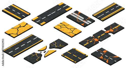 Collection of isometric cracked road segments for construction and repair projects