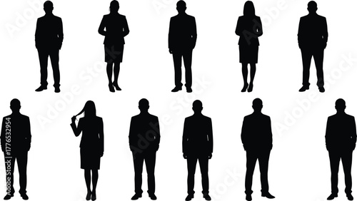 Business silhouettes, corporate team, professional diversity, office people, black figures, teamwork concept, standing pose, formal attire, leadership, communication, unity