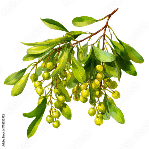 Branch with small green berries and leaves against a black background