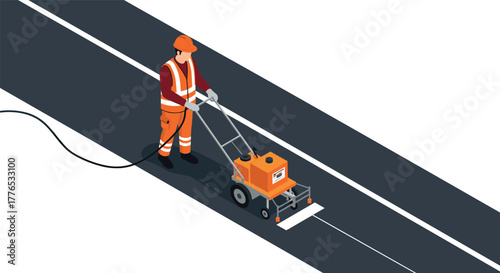 Worker operating road marking machine on highway in isometric style
