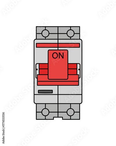 Electrical circuit breaker switch for power control in gray and red colors, industry and technology concept