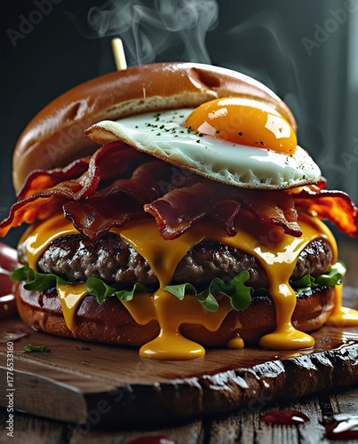 A towering, decadent burger sits on a rustic wooden board. It features a thick beef patty smothered in melted cheddar cheese, layered with crispy bacon, fresh arugula, and topped with a sunny-side-up 