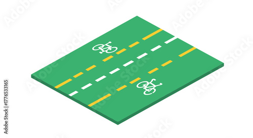 Isometric bicycle lane with markings on green road surface