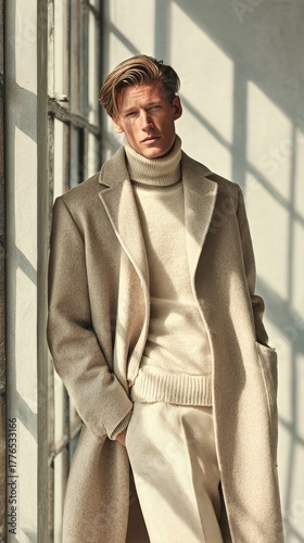 Stylish Man Poses in a Light-Colored Coat and Turtleneck by a Sunlit Window Indoors