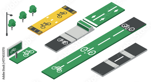 Isometric bicycle lane set with various markings and street elements