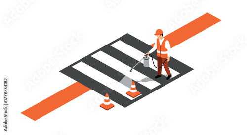 Isometric road worker painting crosswalk with safety cones