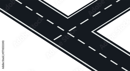Isometric road intersection design with asphalt and white lane markings