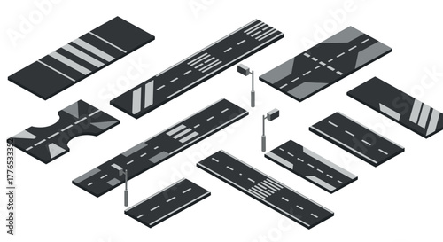 Isometric urban road elements with streetlights for city design projects