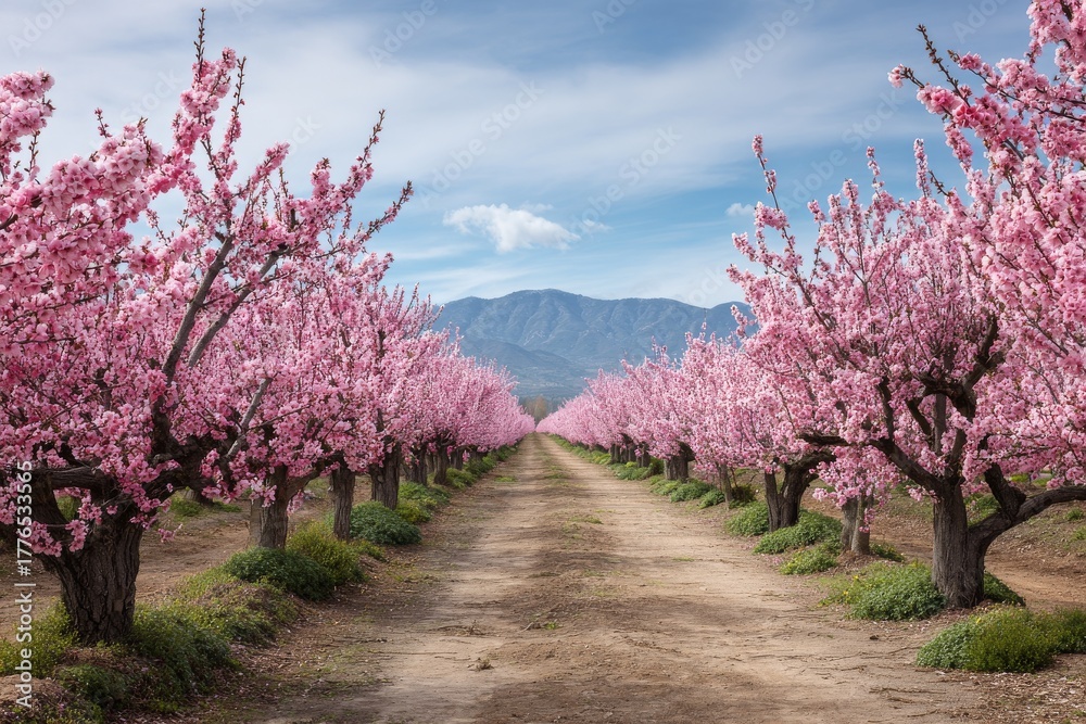 Naklejka premium rows of blooming sakura trees in farm garden with copy space