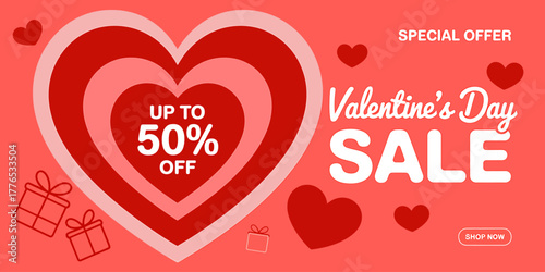 Valentines Day Sale Promotion with Hearts and Gift Boxes Up to 50 Percent Off Special Offer