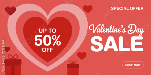 Valentines Day Sale Up to 50 Off with Heart Shapes and Gift Boxes on a Red Background for Online Marketing