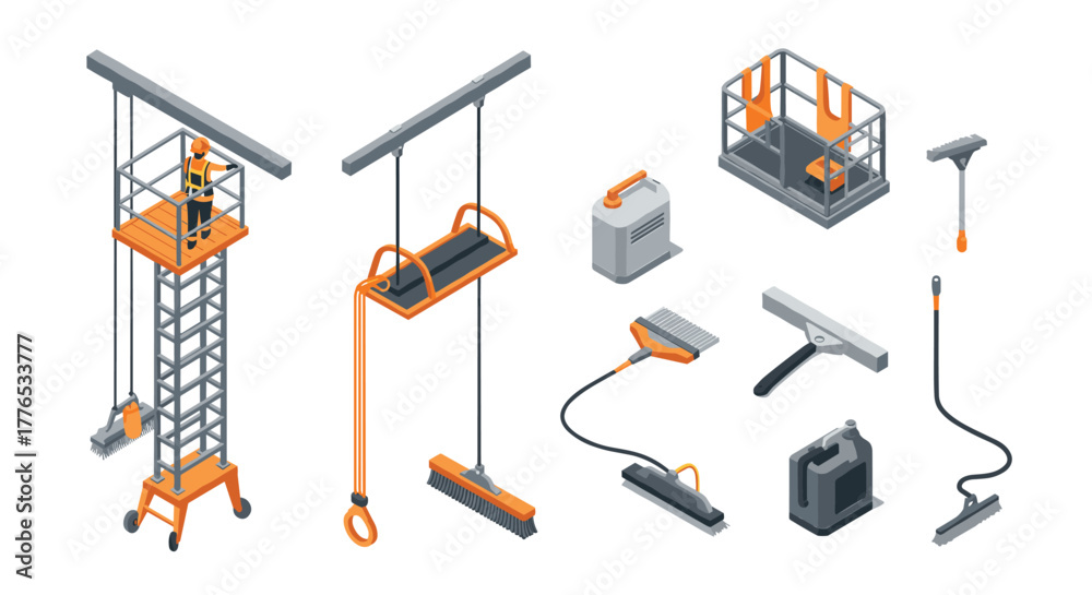 Obraz premium Comprehensive set of isometric window cleaning equipment for professional maintenance services