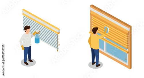 Isometric cleaning of window blinds with tools for home maintenance and care
