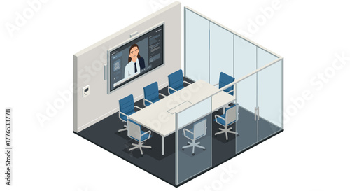 Modern isometric office conference room with glass walls and video call