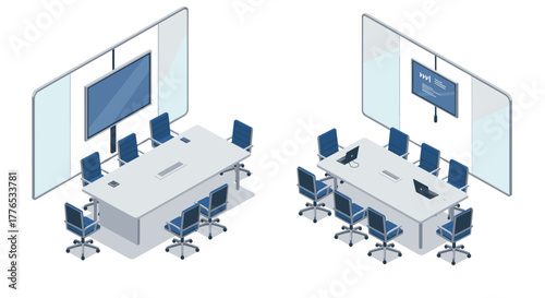 Modern isometric office meeting room with conference table and chairs