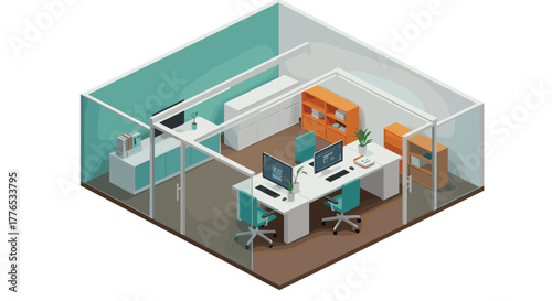 Modern isometric office workspace with desks and computers in a vibrant setting