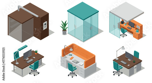 Modern isometric office furniture and workspace design set