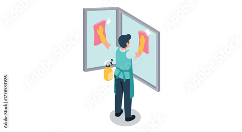 Isometric style professional window cleaner with gloves and spray bottle