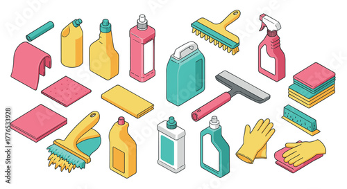Isometric cleaning supplies with colorful bottles and tools for household tasks