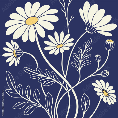 A minimalist seamless floral pattern featuring abstract daisy-like flowers outlined in white, each with a solid yellow circular center. The flowers are irregularly shaped with wavy petals.