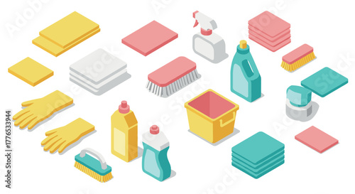 Isometric household cleaning supplies arrangement for organization and hygiene