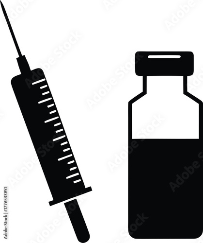 Silhouette of syringe and medicine vial, sterile medical vector illustration