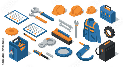 Comprehensive set of isometric construction tools and safety gear with hard hats and wrenches