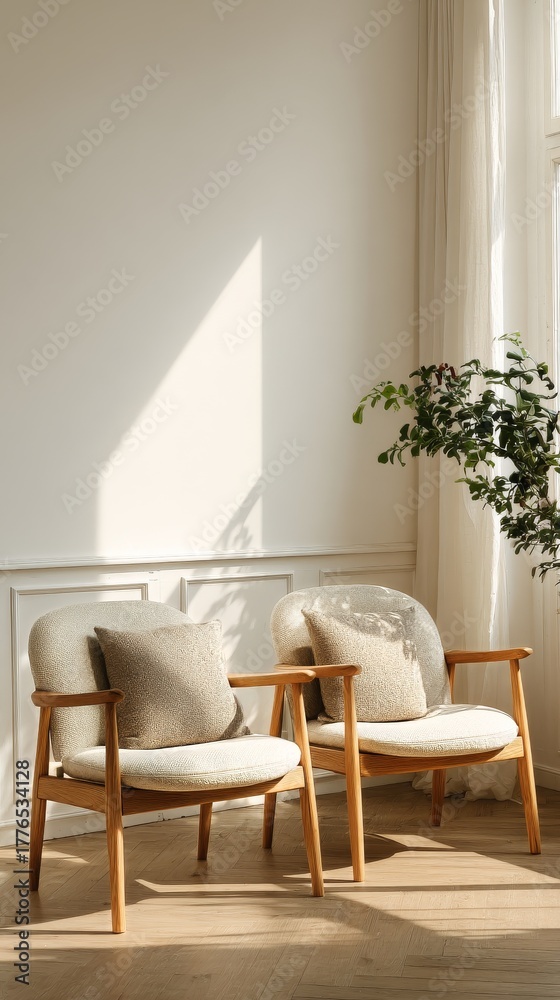 Fototapeta premium Cozy Seating Area With Natural Light and Plant in Modern Interior Design