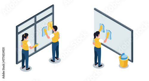 Isometric people cleaning glass surfaces with cloth and bucket