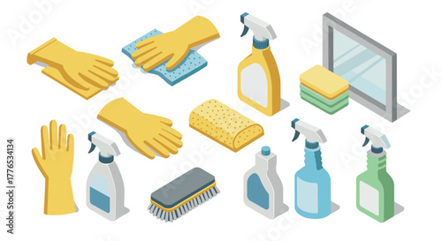 Isometric cleaning tools gloves, sponges, sprays, and more