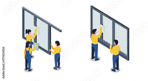 Isometric scene of workers cleaning large windows in modern style