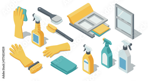 Isometric cleaning supplies gloves, sprays, and brushes in modern design