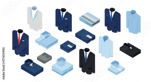 Isometric office attire collection suits, shirts, and ties in various styles and colors
