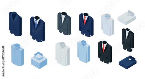 Isometric formal attire set featuring suits and shirts in various colors and styles
