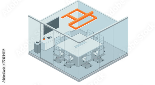 Modern isometric office meeting room with glass walls and contemporary design elements