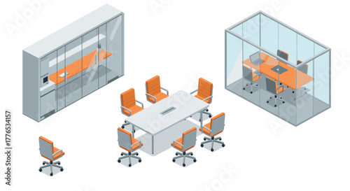 Isometric modern office furniture scene with meeting room and workspace