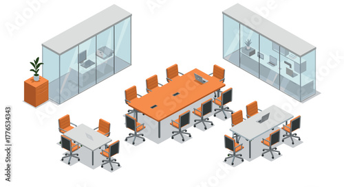 Modern isometric office workspace design with glass partitions and orange accents