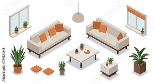 Modern isometric living room set with furniture and plants