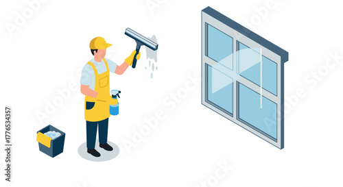 Isometric cleaning worker washing window with squeegee and detergent