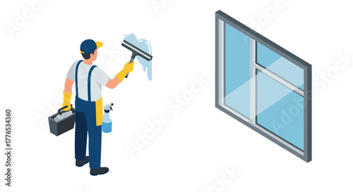 Isometric window cleaner with tools and squeegee reflecting modern cleaning concepts