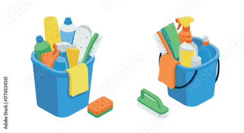 Isometric cleaning supplies set with sponges, brushes, and buckets