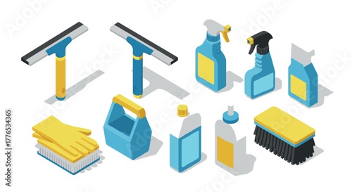 Isometric cleaning supplies collection with yellow and blue color scheme