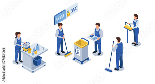 Isometric cleaning team with equipment in uniforms for commercial spaces