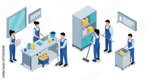 Isometric cleaning team at work office maintenance and organization